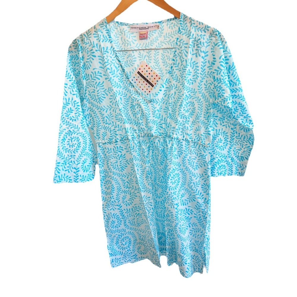 NWT Gretchen Scott Tunic Dress Blue White Cotton Resort Beach Swim Coverup Sz S